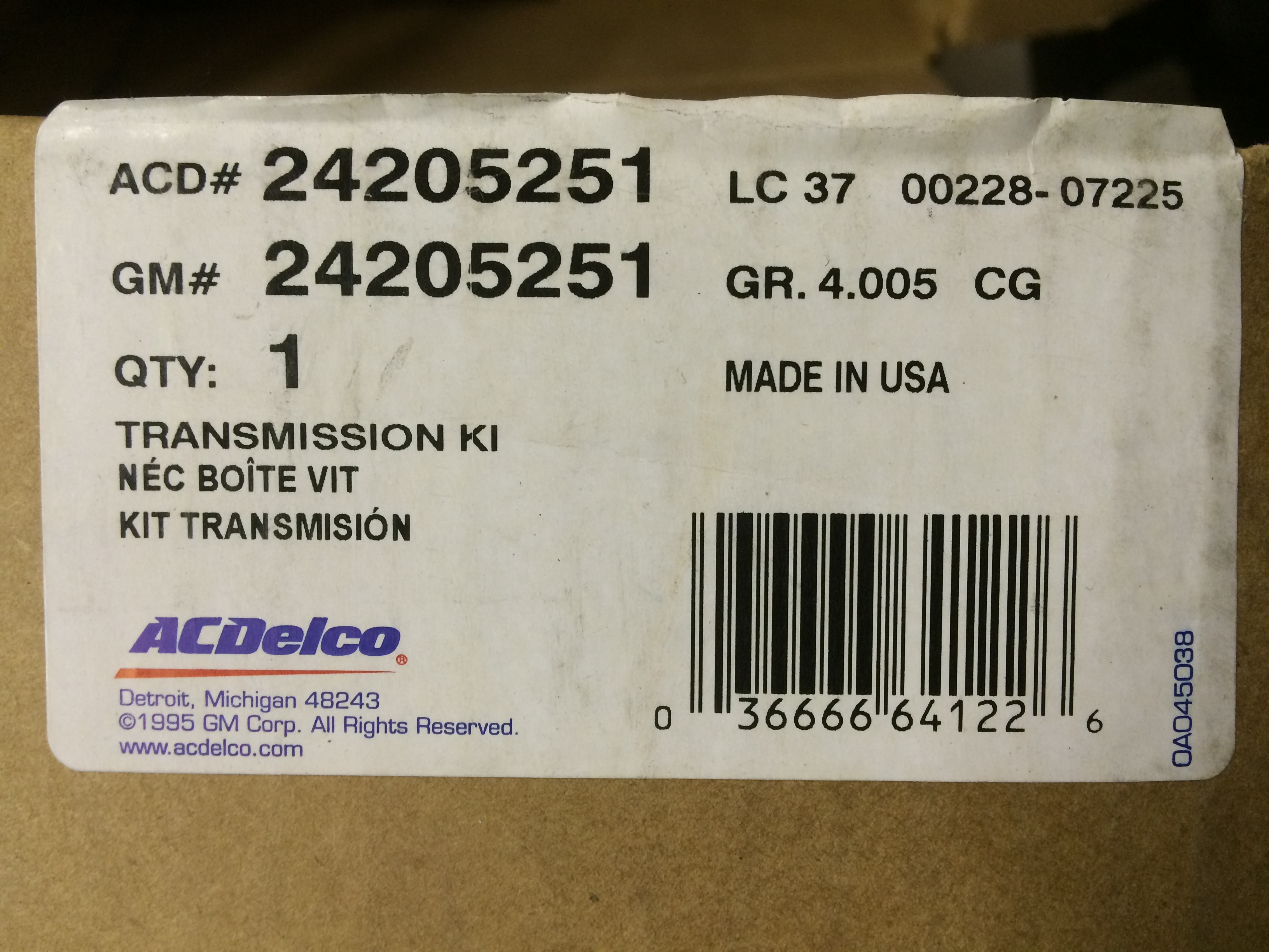HMMWV Transmission Overhaul Kit GM 24205251 5330-01-442-2874 